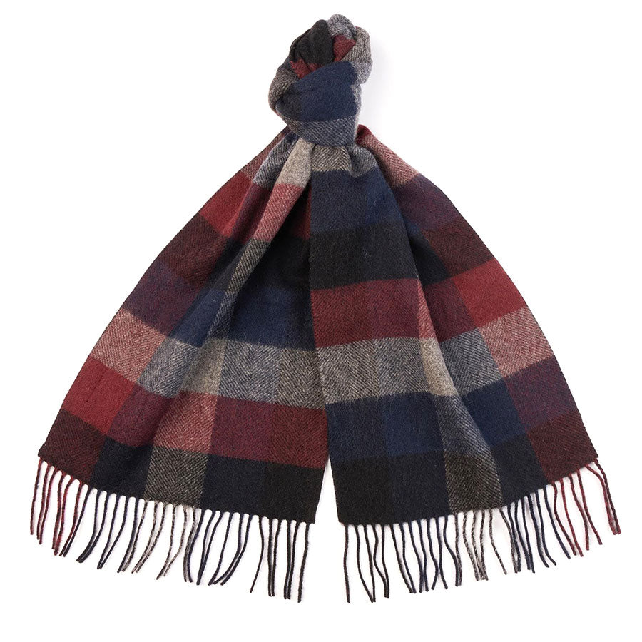 Blue And Red And Grey And Beige Block Checked Patterned Barbour Large Lambswool Scarf