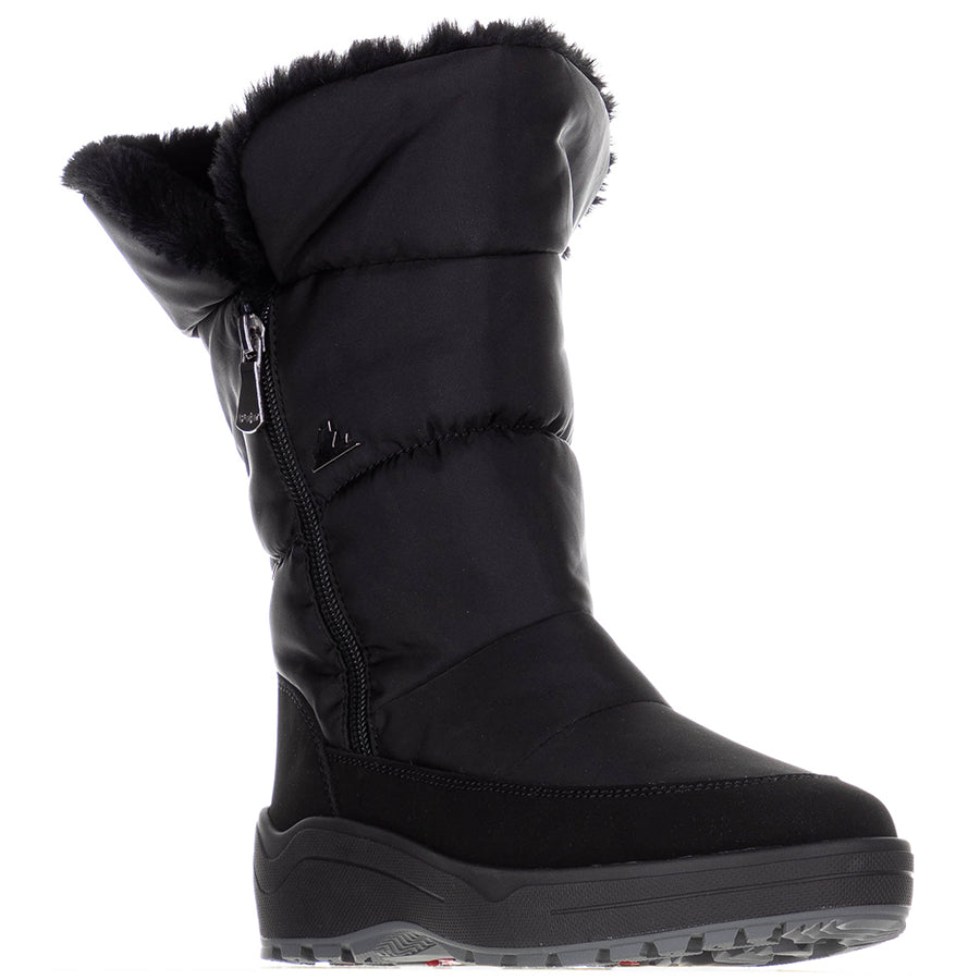 Black Pajar Women's Valentina Waterproof Nylon and Leather Mid-Height Fleece Lined Winter Boot Profile View