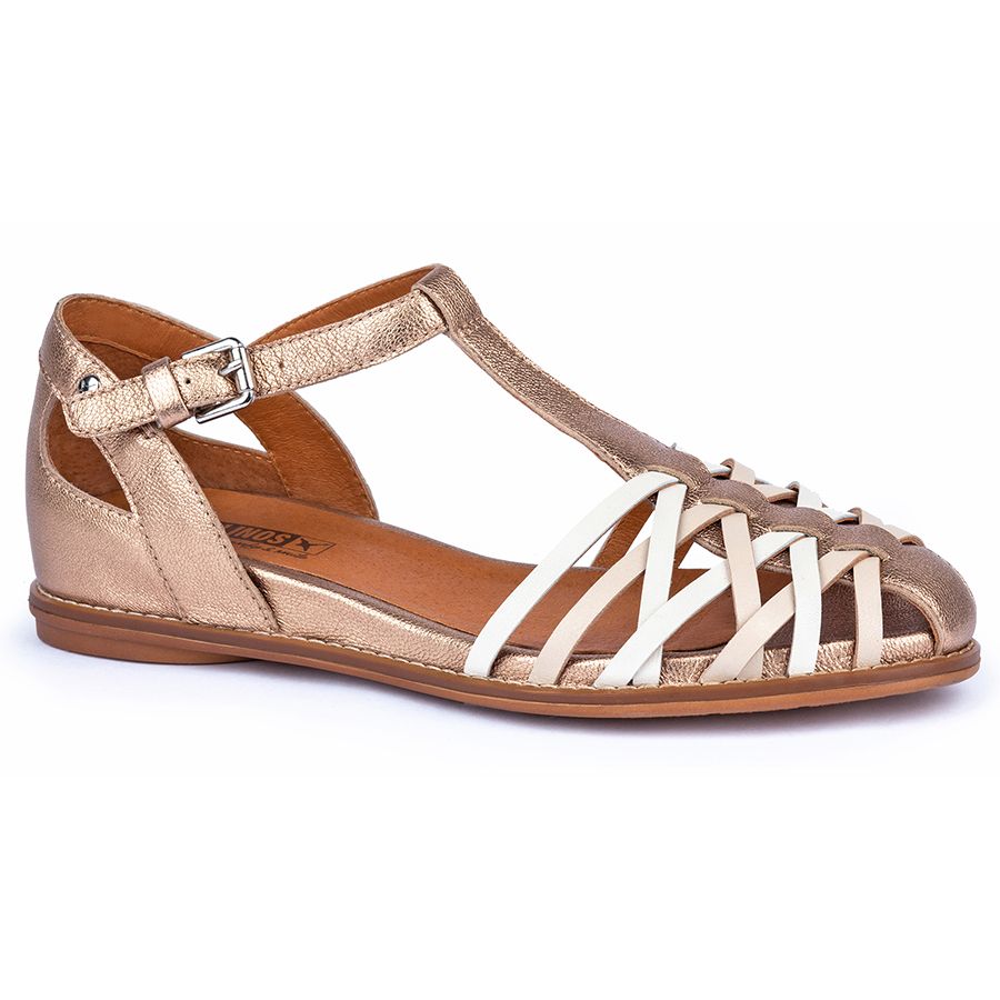 Champange Gold With White And Bronze Pikolinos Women's W3D 0665CLC1 Metallic Leather and Leather Closed Back Strappy Flat Sandal