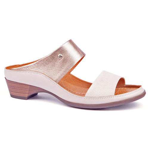 White And Metallic Gold With Brown Sole Pikolinos Women's Huelva W6C Leather Double Strap Heeled Sandal