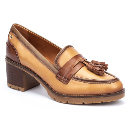Almond Tan And Brown Pikolinos Women's Llanes W7H Leather Block Heel Dress Loafer With Tassels Profile View