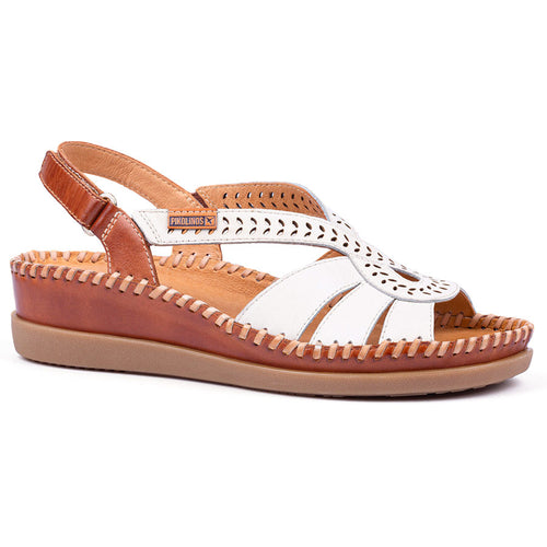 Brown And White Pikolinos Women's Cadaques W8K Leather With Cut Outs Strappy Sandal Flat
