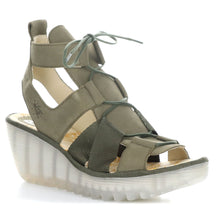 Load image into Gallery viewer, Khaki Green With White Sole Fly London Yaca413Fly Leather And Elastic Strappy Lace Up Sandal Wedge Profile View
