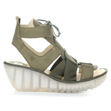 Load image into Gallery viewer, Khaki Green With White Sole Fly London Yaca413Fly Leather And Elastic Strappy Lace Up Sandal Wedge Side View

