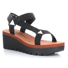 Load image into Gallery viewer, Black Fly London Women&#39;s Yefa726Fly Suede And Fabric Hook And Loop Sandal Wedge Profile View
