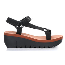 Load image into Gallery viewer, Black Fly London Women&#39;s Yefa726Fly Suede And Fabric Hook And Loop Sandal Wedge Side View
