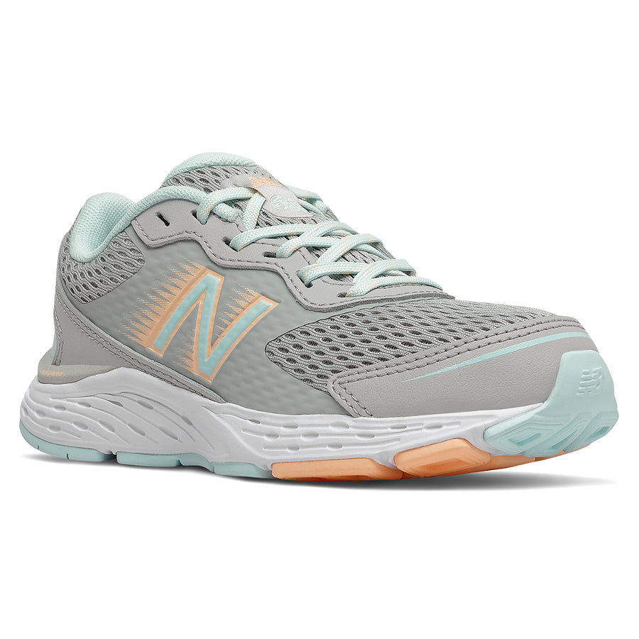 Grey With White And Light Blue New Balance Girl's 680V6 Leather And Mesh Running Sneaker Sizes 10.5 To 13.5 And 1 To 3