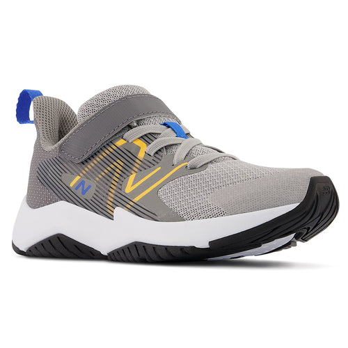 Grey With White And Black And Blue And Yellow New Balance Boy's Rave Run V2 Synthetic And Mesh Running Sneaker Sizes 10.5 to 13.5 And 1 To 7