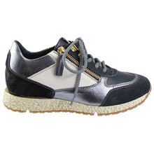 Load image into Gallery viewer, Onyx Black With Silver Metallic And Beige And Tan Ron White Women&#39;s Zaina Weatherproof Nubuck And Leather Casual Sneaker Side View
