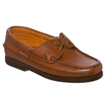 Load image into Gallery viewer, Rust Tan With Black Sole Mephisto Men&#39;s Hurrikan Leather Boat Shoe Loafer Profile View
